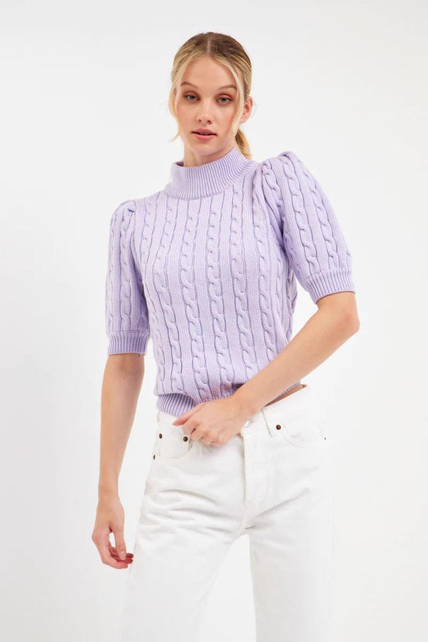 Cable Knit Puff Sleeve Top