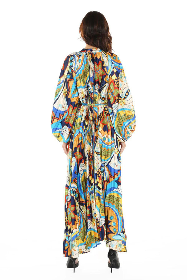 Multi Color Floral Print Pleated Maxi Dress