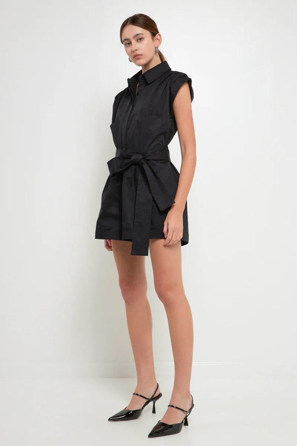 Shoulder Pleated Collared Romper